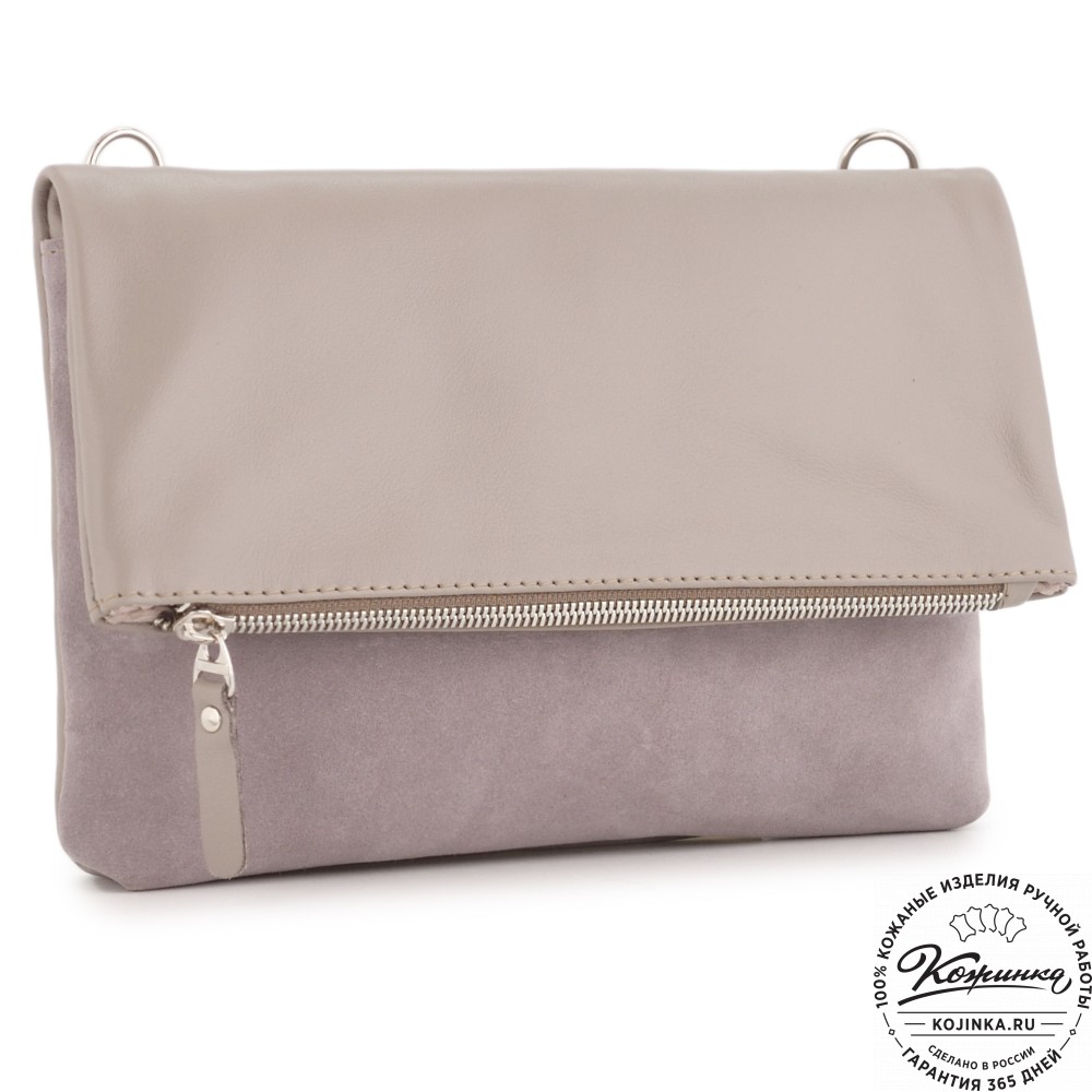 Кожаный клатч "Молли" с отделкой велюр (бежево-серый)