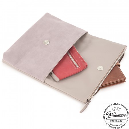 Кожаный клатч "Молли" с отделкой велюр (бежево-серый)