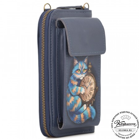 Кожаный клатч "Чукотка" "Чешир с часами" (синий)
