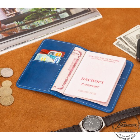 Кожаная обложка на паспорт Прага (синяя)